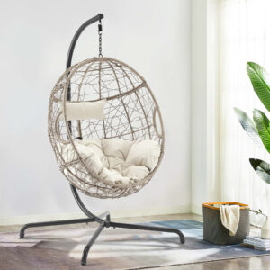 Patio Swing Egg Chair Basket Rattan Hanging Lounge Chair with Stand and Cushions - Image 4