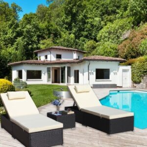 Patio Reclining Rattan Lounge Chair Chaise Couch Cushioned With Glass Coffee Table - Image 6