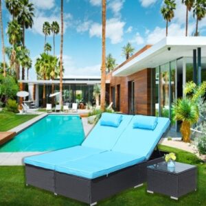 Patio Reclining Rattan Lounge Chair Chaise Couch Cushioned With Glass Coffee Table - Image 1